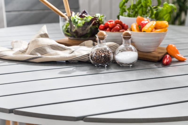 Ruokailuryhmä Tunis 140 Pyöreä 6 Tunis tuolia - Valkoinen/Harmaa - Puutarhakalusteet - Ulkoryhmä - Ruokailuryhmät ulos