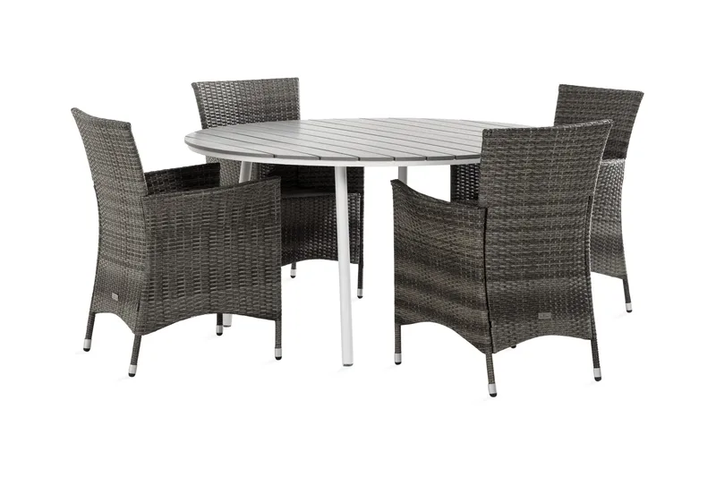 Ruokailuryhmä Tunis 140 Pyöreä 4 Thor nojatuolia, Valkoinen/Harmaa