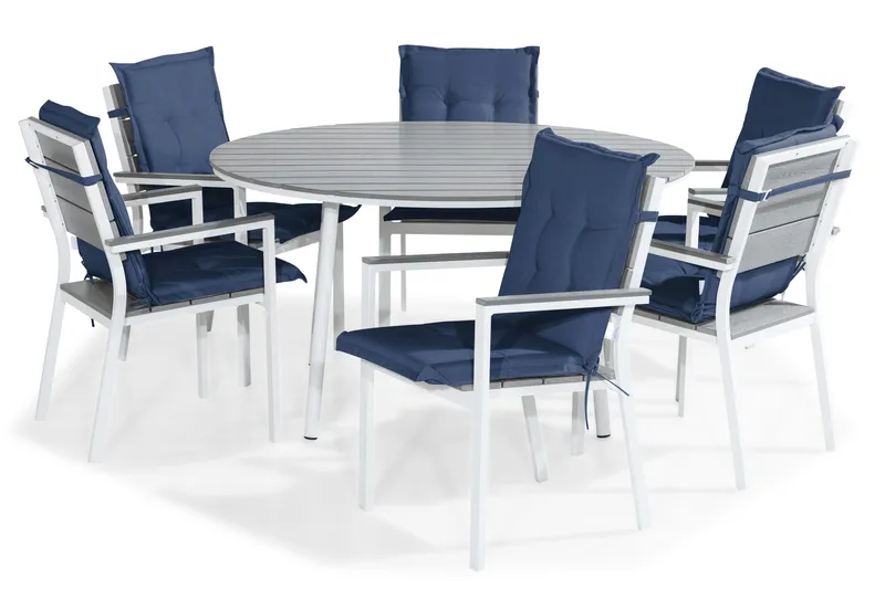 Ruokailuryhmä Tunis 140 Pyöreä 6 Tunis tuolia Pehmusteet, Valk/Harmaa/Sininen
