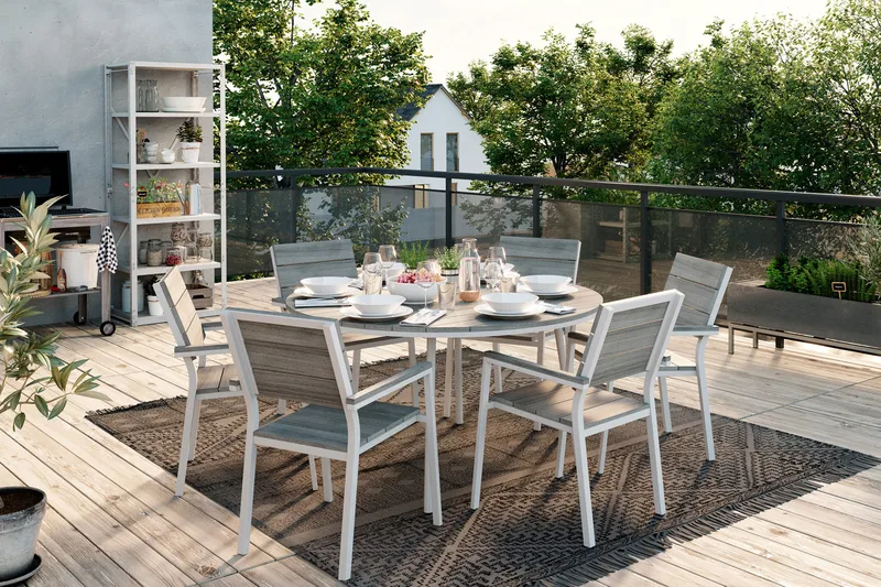 Ruokailuryhmä Tunis 140 Pyöreä 6 Tunis tuolia - Valkoinen/Harmaa - Puutarhakalusteet - Ulkoryhmä - Ruokailuryhmät ulos