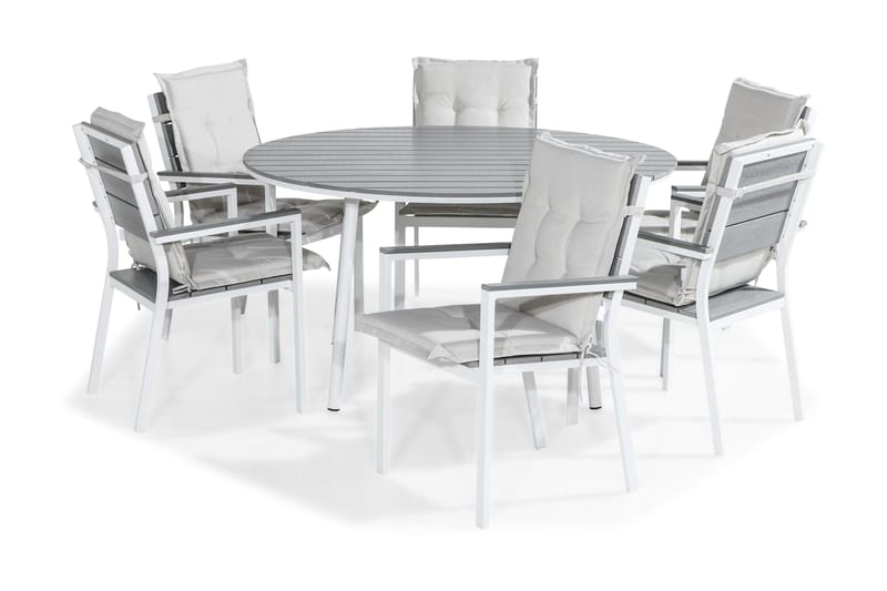 Ruokailuryhmä Tunis 140 Pyöreä 6 Tunis tuolia Pehmusteet, Valk/Harmaa/L.valk