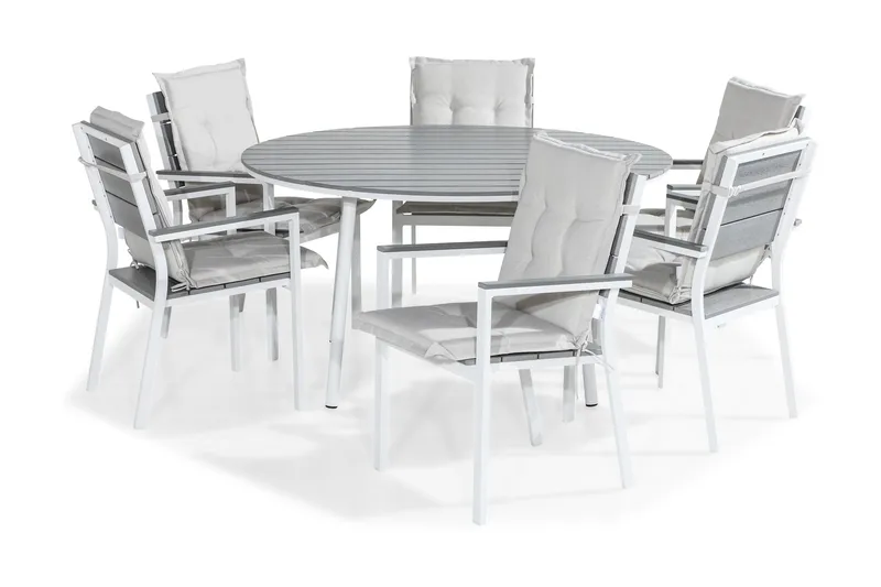 Ruokailuryhmä Tunis 140 Pyöreä 6 Tunis tuolia Pehmusteet, Valk/Harmaa/L.valk