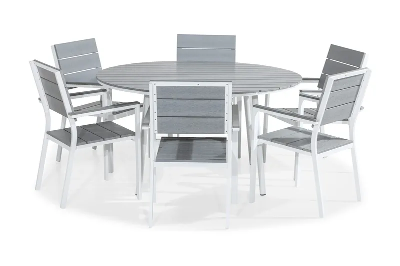 Ruokailuryhmä Tunis 140 Pyöreä 6 Tunis tuolia - Valkoinen/Harmaa - Puutarhakalusteet - Ulkoryhmä - Ruokailuryhmät ulos