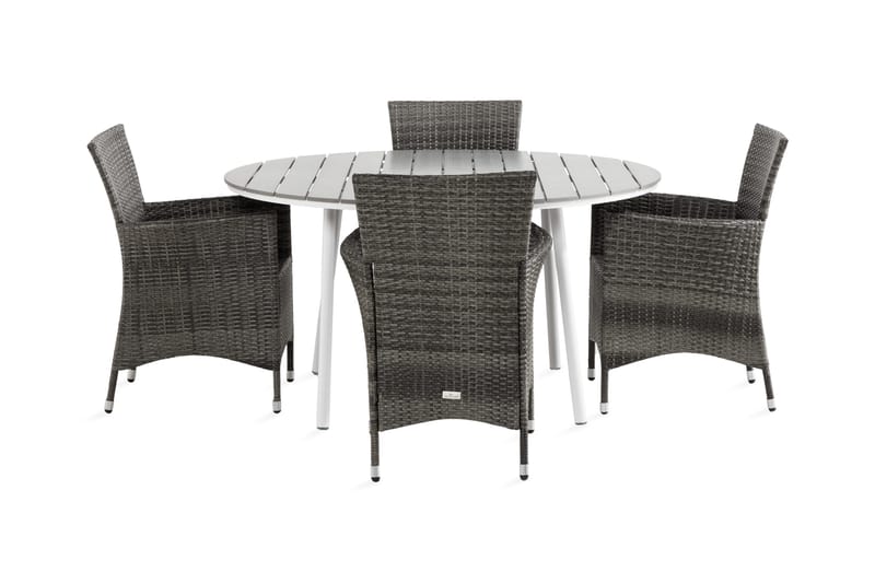 Ruokailuryhmä Tunis 140 Pyöreä 4 Thor nojatuolia - Valkoinen/Harmaa - Puutarhakalusteet - Ulkoryhmä - Ruokailuryhmät ulos