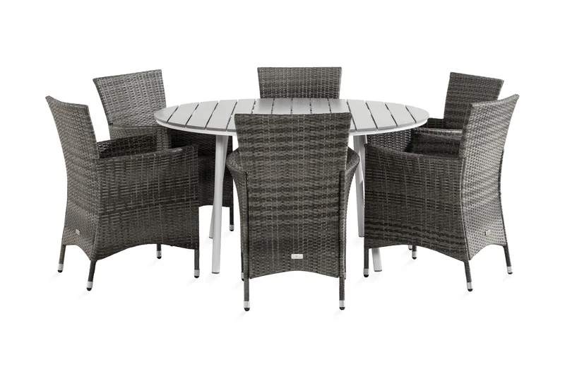 Ruokailuryhmä Tunis 140 Pyöreä 6 Thor nojatuolia, Valkoinen/Harmaa