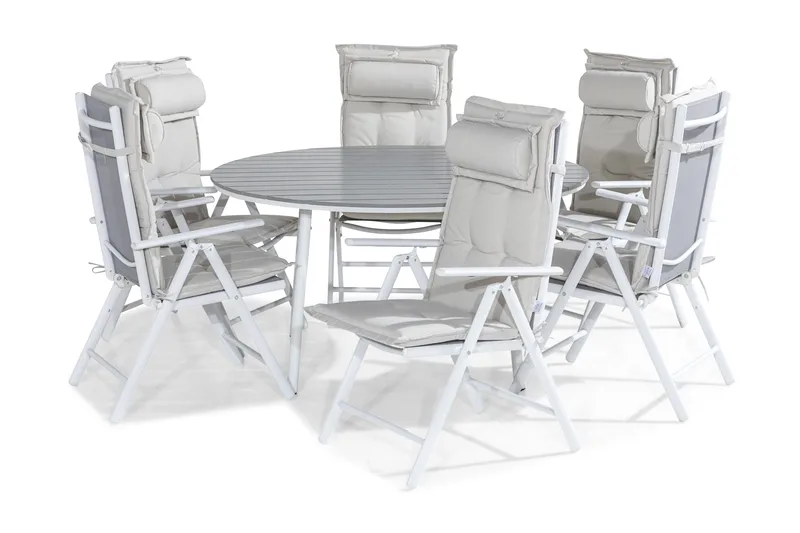 Ruokailuryhmä Tunis 140 Pyöreä 6 Maggie säätötuolia Pehmuste, Valk/Harmaa/L.valk