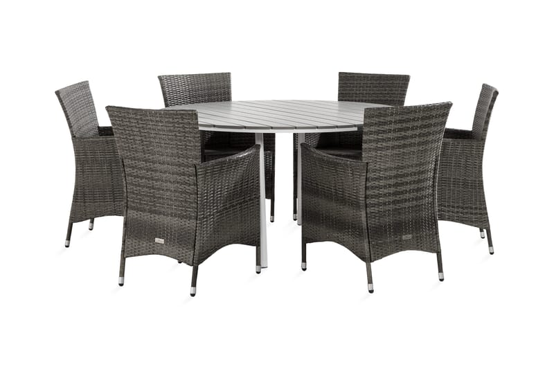 Ruokailuryhmä Tunis 140 Pyöreä 6 Thor nojatuolia - Valkoinen/Harmaa - Puutarhakalusteet - Ulkoryhmä - Ruokailuryhmät ulos