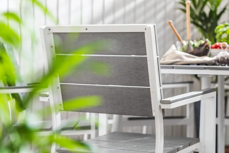 Ruokailuryhmä Tunis 140 Pyöreä 6 Tunis tuolia - Valkoinen/Harmaa - Puutarhakalusteet - Ulkoryhmä - Ruokailuryhmät ulos