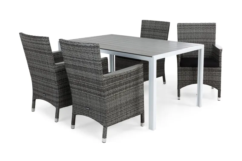 Ruokailuryhmä Tunis 150x90 cm 4 Thor Lyx tuolia Pehmusteet, Valkoinen/Harmaa/Aintwood/Musta