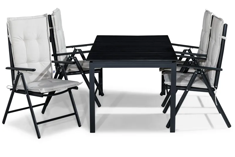 Ruokailuryhmä Tunis 152-210x90 4 Maggie säätötuolia Pehmuste - Musta/L.valk - Puutarhakalusteet - Ulkoryhmä - Ruokailuryhmät ulos