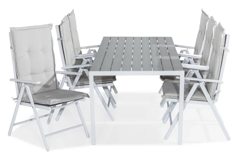 Ruokailuryhmä Tunis 205x90 6 Maggie säätötuolia Pehmusteet, Valk/Harmaa/L.valk