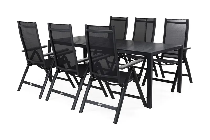 Ruokailuryhmä Tunis 205x90 6 Monaco säätötuolia - Musta/Harmaa - Puutarhakalusteet - Ulkoryhmä - Ruokailuryhmät ulos