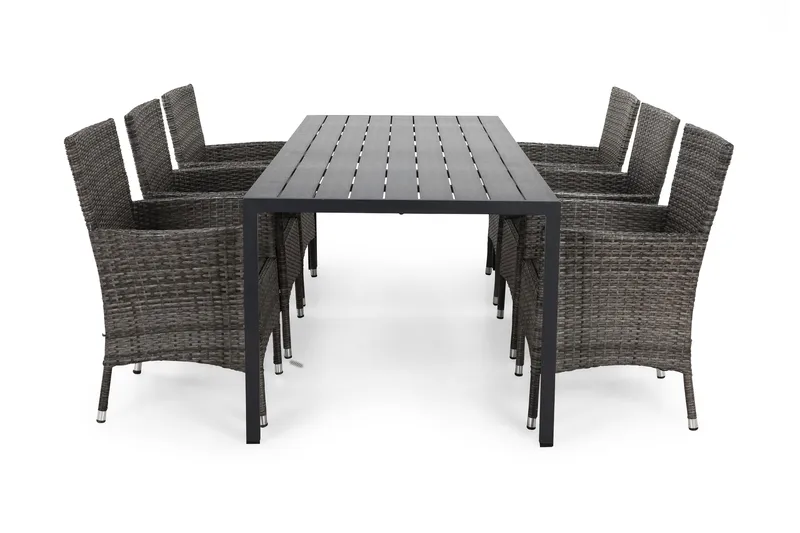 Ruokailuryhmä Tunis 205x90 6 Thor nojatuolia, Musta/Harmaa