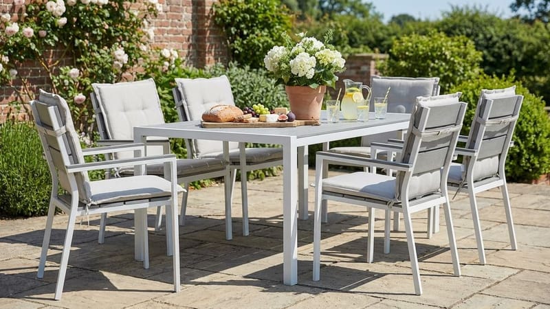 Ruokailuryhmä Tunis 205x90 6 Tunis tuolia Pehmusteet - Valk/Harmaa/L.valk - Puutarhakalusteet - Ulkoryhmä - Ruokailuryhmät ulos