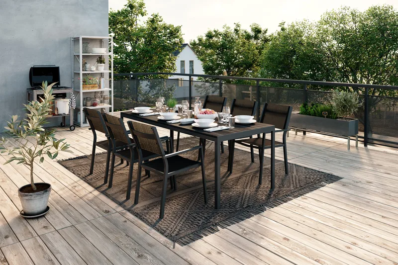 Ruokailuryhmä Tunis 205x90 cm + 6 Tunis Tuolia - Musta/Musta - Puutarhakalusteet - Ulkoryhmä - Ruokailuryhmät ulos