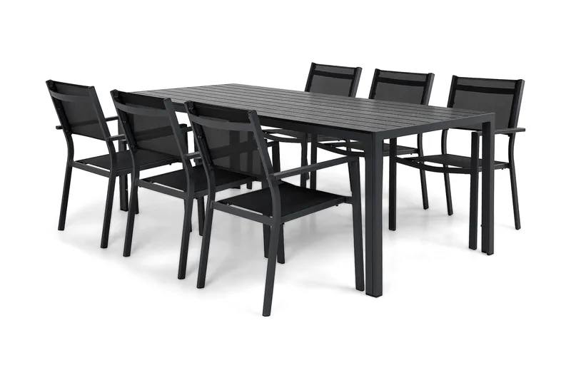 Ruokailuryhmä Tunis 205x90 cm + 6 Tunis Tuolia - Musta/Musta - Puutarhakalusteet - Ulkoryhmä - Ruokailuryhmät ulos