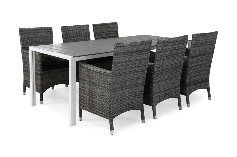 Ruokailuryhmä Tunis 205x90 cm 6 Thor Lyx tuolia Pehmusteet, Valk/Harmaa/Aintwood/Musta