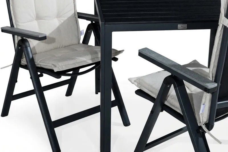 Ruokailuryhmä Tunis 90x90 2 Monaco säätötuolia Pehmusteet - Musta/Harmaa/L.valk - Puutarhakalusteet - Ulkoryhmä - Ruokailuryhmät ulos