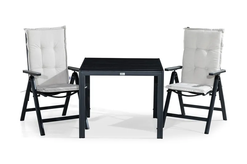 Ruokailuryhmä Tunis 90x90 2 Monaco säätötuolia Pehmusteet, Musta/Harmaa/L.valk