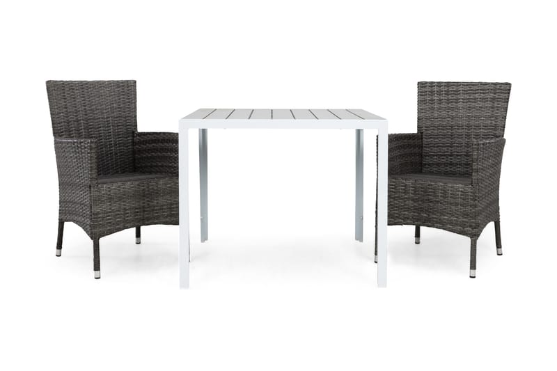 Ruokailuryhmä Tunis 90x90 2 Thor nojatuolia - Valkoinen/Harmaa - Puutarhakalusteet - Ulkoryhmä - Ruokailuryhmät ulos