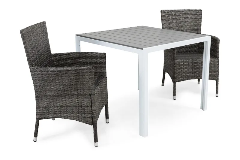 Ruokailuryhmä Tunis 90x90 2 Thor nojatuolia - Valkoinen/Harmaa - Puutarhakalusteet - Ulkoryhmä - Ruokailuryhmät ulos