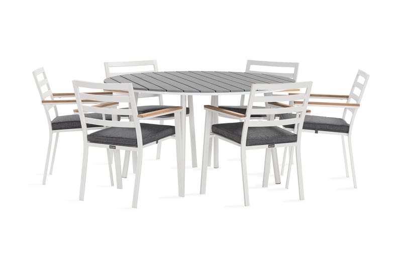 Ruokailuryhmä Tunis Pyöreä 140 cm 6 Oliver ruokatuolia, Alumiini/Valkoinen