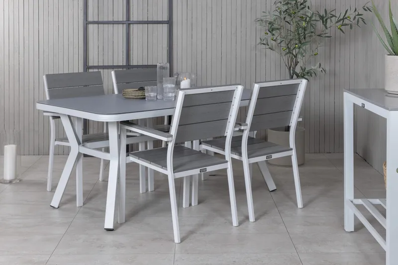 Ruokailuryhmä Virya 160 cm 4 Levels tuolia - Valkoinen/Harmaa - Puutarhakalusteet - Ulkoryhmä - Ruokailuryhmät ulos