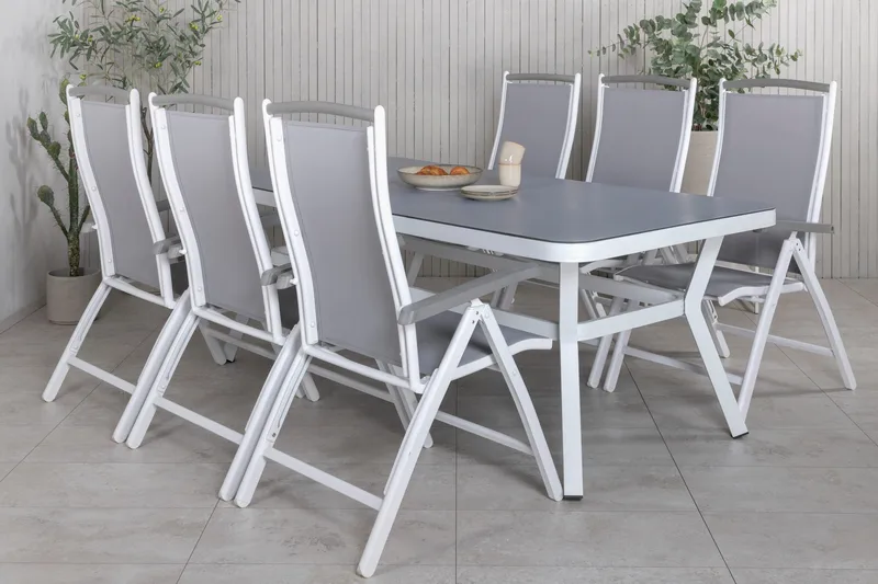 Ruokailuryhmä Virya 160 cm 6 Albany tuolia - Valkoinen/Harmaa - Puutarhakalusteet - Ulkoryhmä - Ruokailuryhmät ulos
