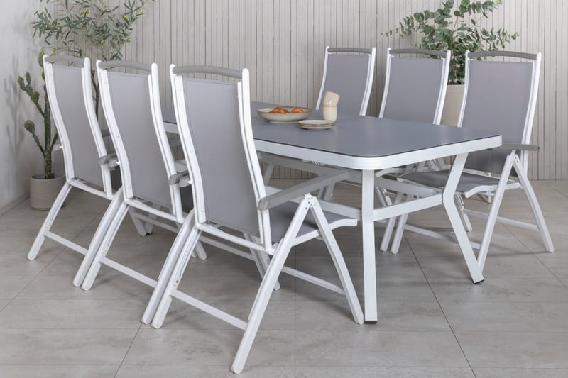 Ruokailuryhmä Virya 160 cm 6 Albany tuolia - Valkoinen/Harmaa - Puutarhakalusteet - Ulkoryhmä - Ruokailuryhmät ulos