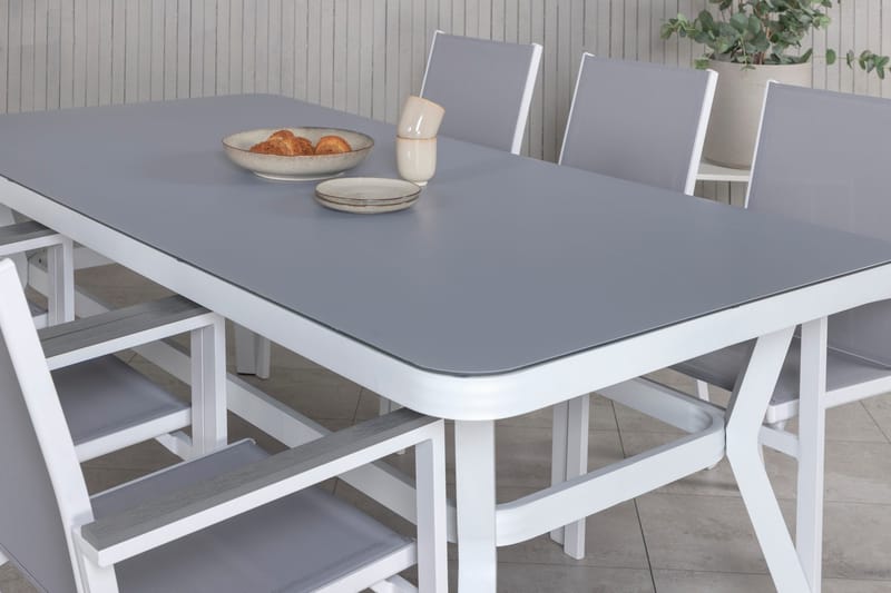 Ruokailuryhmä Virya 160 cm 6 Parma tuolia - Valkoinen/Harmaa - Puutarhakalusteet - Ulkoryhmä - Ruokailuryhmät ulos