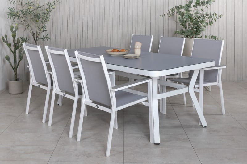 Ruokailuryhmä Virya 160 cm 6 Parma tuolia - Valkoinen/Harmaa - Puutarhakalusteet - Ulkoryhmä - Ruokailuryhmät ulos
