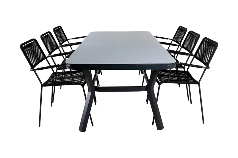 Ruokailuryhmä Virya 200 cm 6 Lindos tuolia, Musta/Harmaa