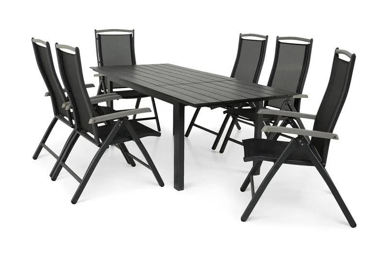 Ruokailuryhmä Portland 152-210x90 + 6 Monaco Lyx tuolia - Musta/Harmaa - Puutarhakalusteet - Ulkoryhmä - Ruokailuryhmät ulos