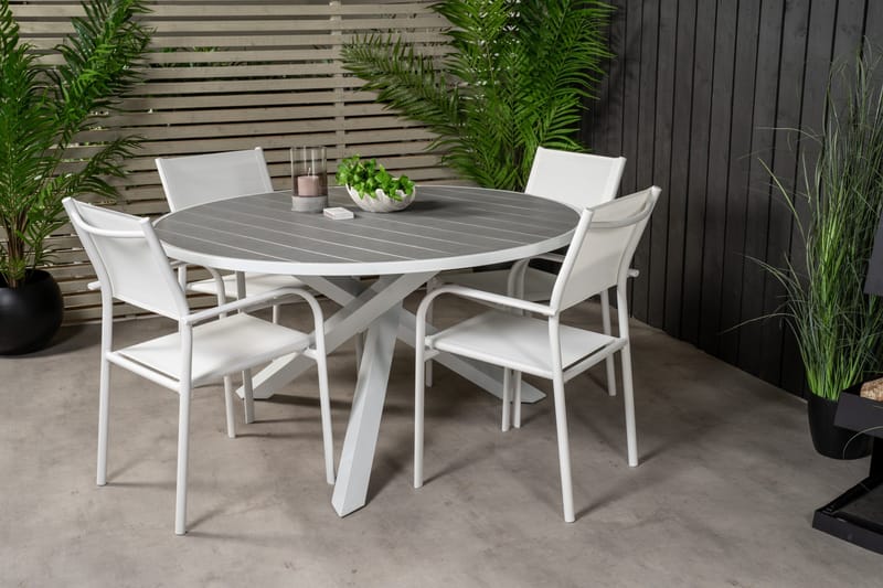 Ruokailuryhmä Parma Pyöreä 140 cm 4 Santorini tuolia - Valkoinen - Puutarhakalusteet - Ulkoryhmä - Ruokailuryhmät ulos