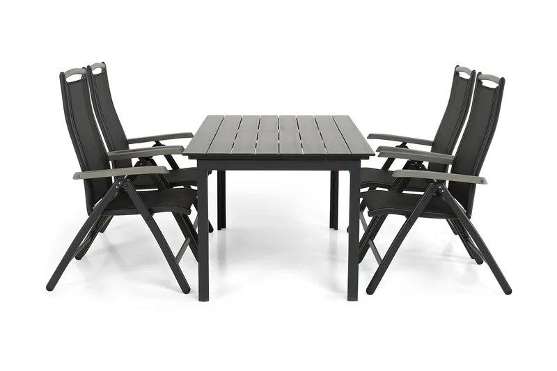 Ruokailuryhmä Portland 152-210x90 + 4 Monaco Lyx tuolia - Musta/Harmaa - Puutarhakalusteet - Ulkoryhmä - Ruokailuryhmät ulos