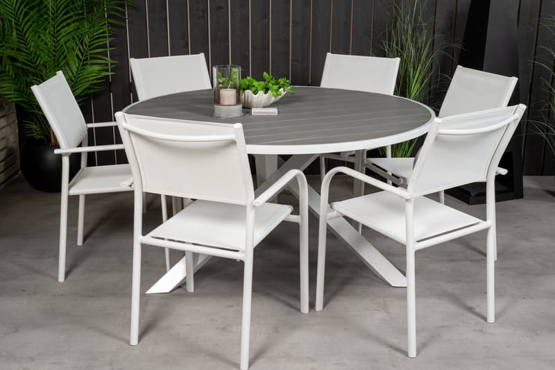 Ruokailuryhmä Parma Pyöreä 140 cm 6 Santorini tuolia - Valkoinen - Puutarhakalusteet - Ulkoryhmä - Ruokailuryhmät ulos