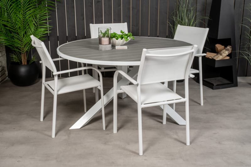 Ruokailuryhmä Parma Pyöreä 140 cm 4 Santorini tuolia - Valkoinen - Puutarhakalusteet - Ulkoryhmä - Ruokailuryhmät ulos