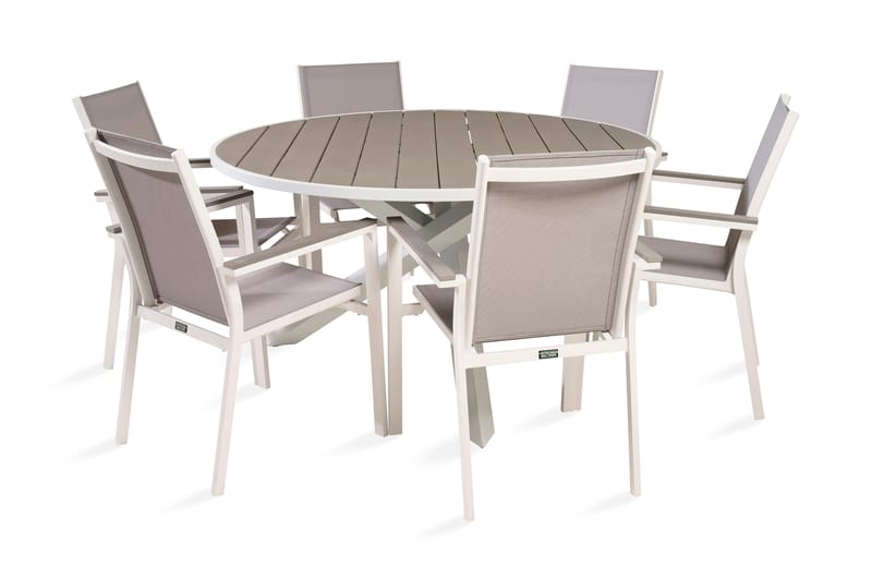 Ruokailuryhmä Parma Pyöreä 140 cm 6 tuolia - Valkoinen/Harmaa - Puutarhakalusteet - Ulkoryhmä - Ruokailuryhmät ulos