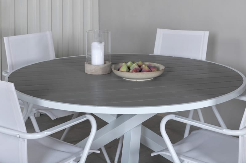 Ruokailuryhmä Parma Pyöreä 140 cm 4 Alina tuolia - Valkoinen/Harmaa - Puutarhakalusteet - Ulkoryhmä - Ruokailuryhmät ulos