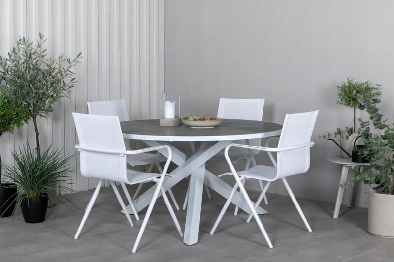 Ruokailuryhmä Parma Pyöreä 140 cm 4 Alina tuolia - Valkoinen/Harmaa - Puutarhakalusteet - Ulkoryhmä - Ruokailuryhmät ulos