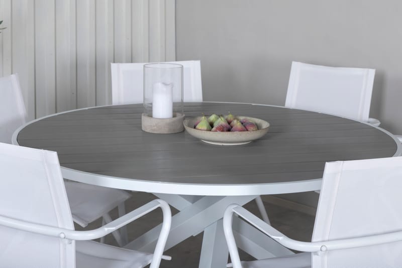 Ruokailuryhmä Parma Pyöreä 140 cm 6 Alina tuolia - Valkoinen/Harmaa - Puutarhakalusteet - Ulkoryhmä - Ruokailuryhmät ulos