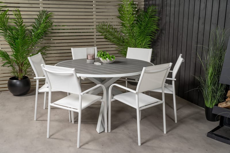 Ruokailuryhmä Parma Pyöreä 140 cm 6 Santorini tuolia - Valkoinen - Puutarhakalusteet - Ulkoryhmä - Ruokailuryhmät ulos