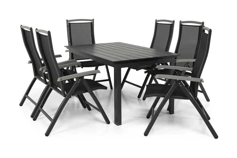 Ruokailuryhmä Portland 152-210x90 + 6 Monaco Lyx tuolia - Musta/Harmaa - Puutarhakalusteet - Ulkoryhmä - Ruokailuryhmät ulos
