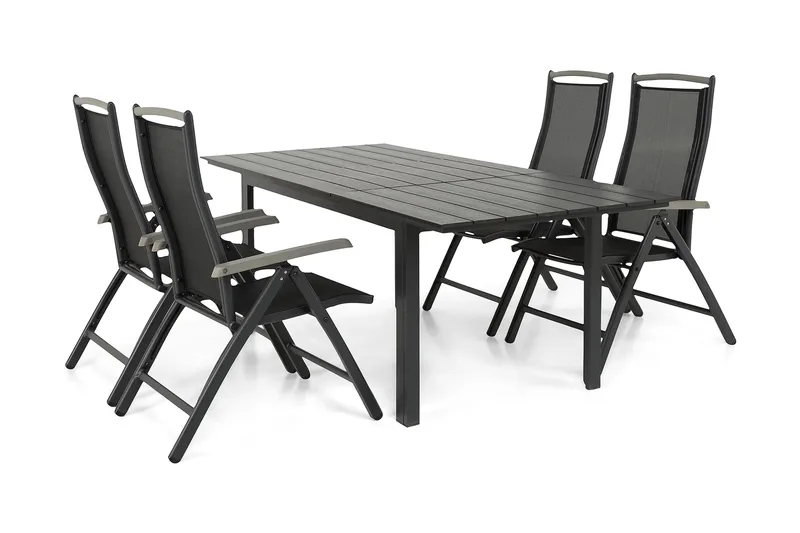 Ruokailuryhmä Portland 152-210x90 + 4 Monaco Lyx tuolia - Musta/Harmaa - Puutarhakalusteet - Ulkoryhmä - Ruokailuryhmät ulos