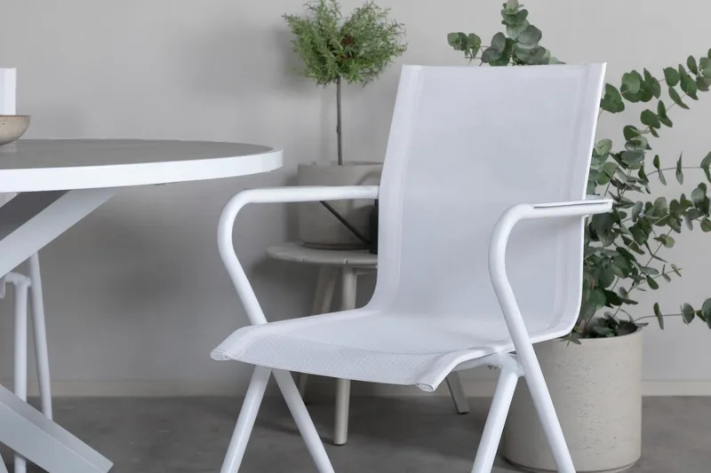 Ruokailuryhmä Parma Pyöreä 140 cm 4 Alina tuolia - Valkoinen/Harmaa - Puutarhakalusteet - Ulkoryhmä - Ruokailuryhmät ulos