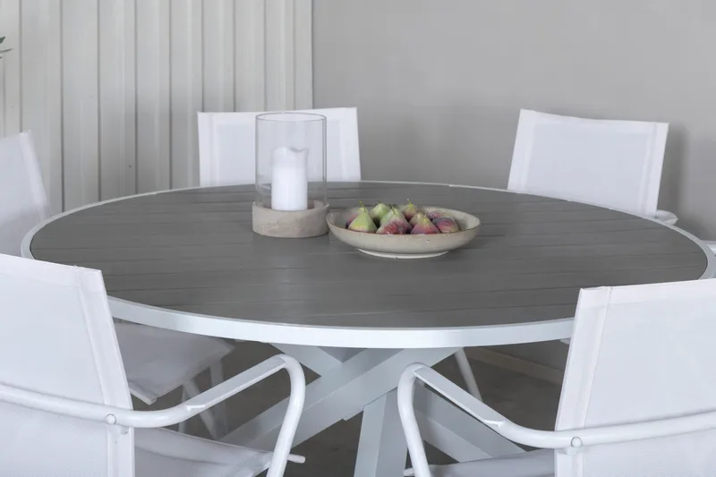 Ruokailuryhmä Parma Pyöreä 140 cm 6 Alina tuolia - Valkoinen/Harmaa - Puutarhakalusteet - Ulkoryhmä - Ruokailuryhmät ulos