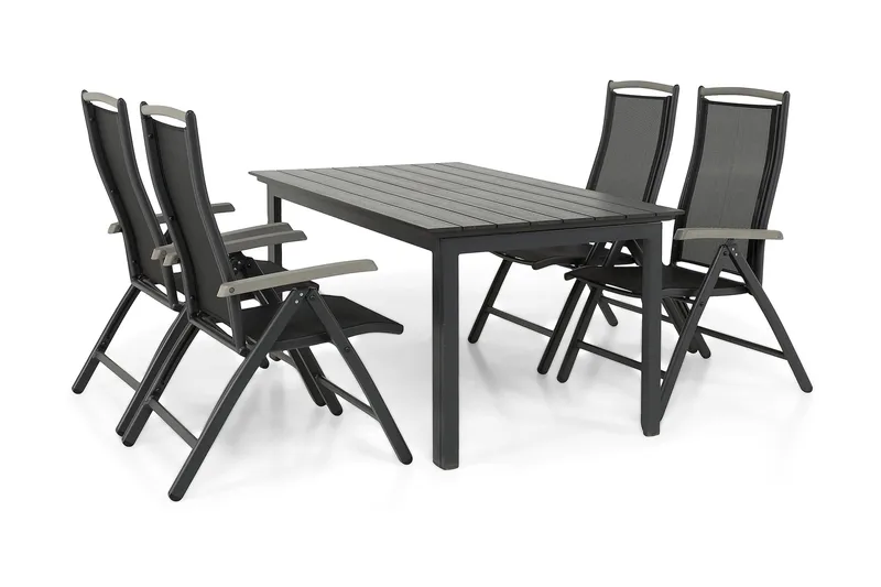Ruokailuryhmä Portland 152-210x90 + 4 Monaco Lyx tuolia - Musta/Harmaa - Puutarhakalusteet - Ulkoryhmä - Ruokailuryhmät ulos