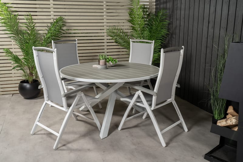 Ruokailuryhmä Parma Pyöreä 140 cm 4 Albany tuolia - Valkoinen/Harmaa - Puutarhakalusteet - Ulkoryhmä - Ruokailuryhmät ulos