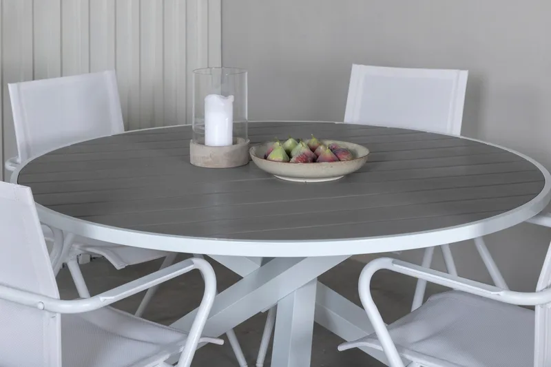 Ruokailuryhmä Parma Pyöreä 140 cm 4 Alina tuolia - Valkoinen/Harmaa - Puutarhakalusteet - Ulkoryhmä - Ruokailuryhmät ulos
