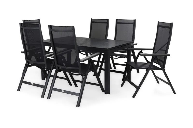 Ruokailuryhmä Portland 152-210x90 + 6 Monaco Light tuolia - Musta/Harmaa - Puutarhakalusteet - Ulkoryhmä - Ruokailuryhmät ulos